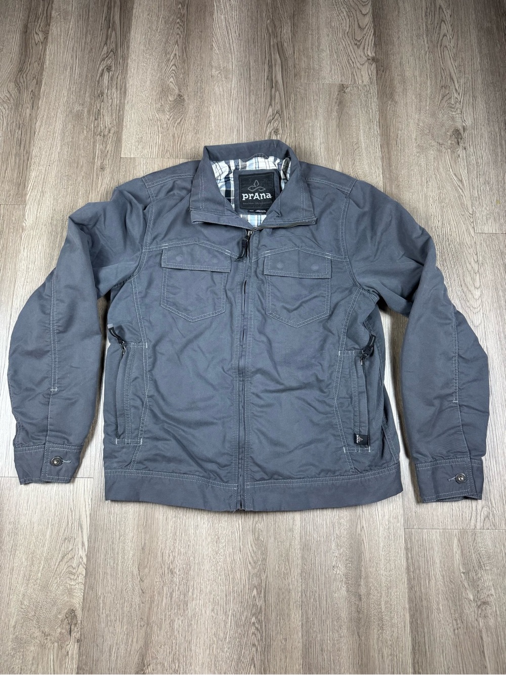 prAna Ryzer Jacket Men’s Medium Gray Organic Cotton Plaid Lined Zip Utility Coat